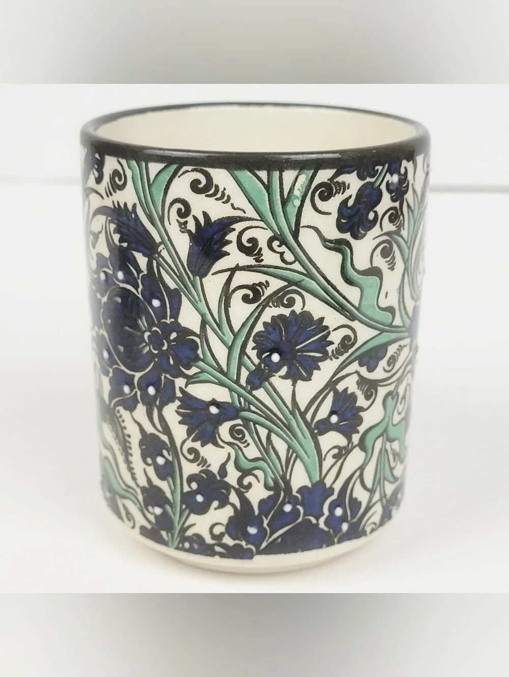 Nakkas Ceramic Hand Painted Mug~Iznik Style Turkey~Blue Green Floral~Set of 2